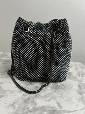 Black Rhinestone Mini Bucket Bag Evening Clutch Chain Strap Sparkly Purse